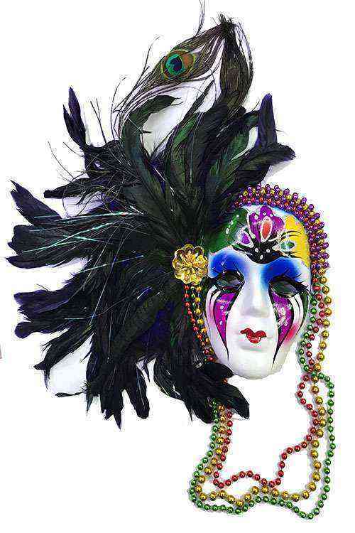Ekstra Bol Gerçek Tüylü Boncuklu Asma Aparatlı Dekoratif Seramik Venedik Maske